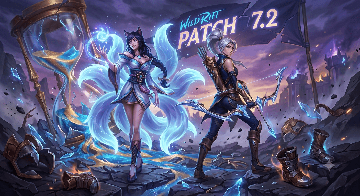 Wild Rift Patch 7.2 cover art featuring Ahri and Yunara