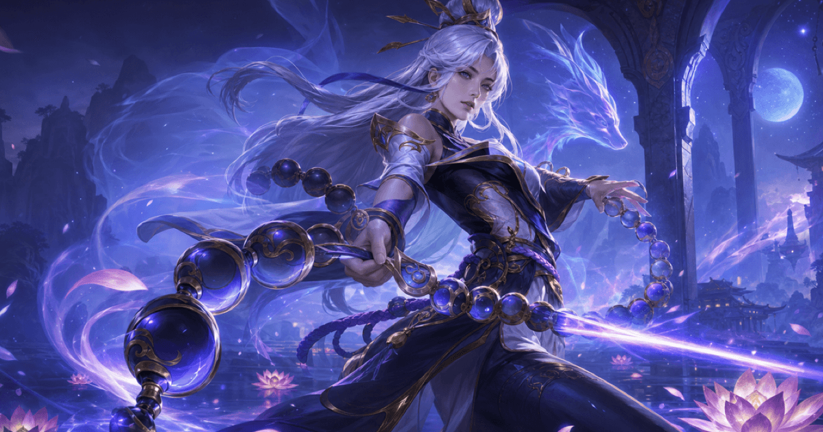 Yunara wielding her spirit prayer beads during Transcendence in an Ionian sanctuary
